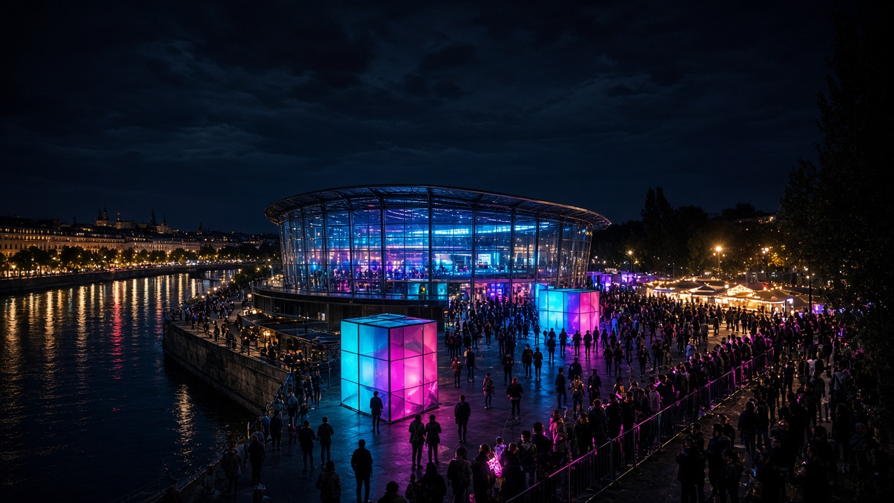 Festival esport de nuit le long d'un fleuve, pavillon de verre et cubes lumineux