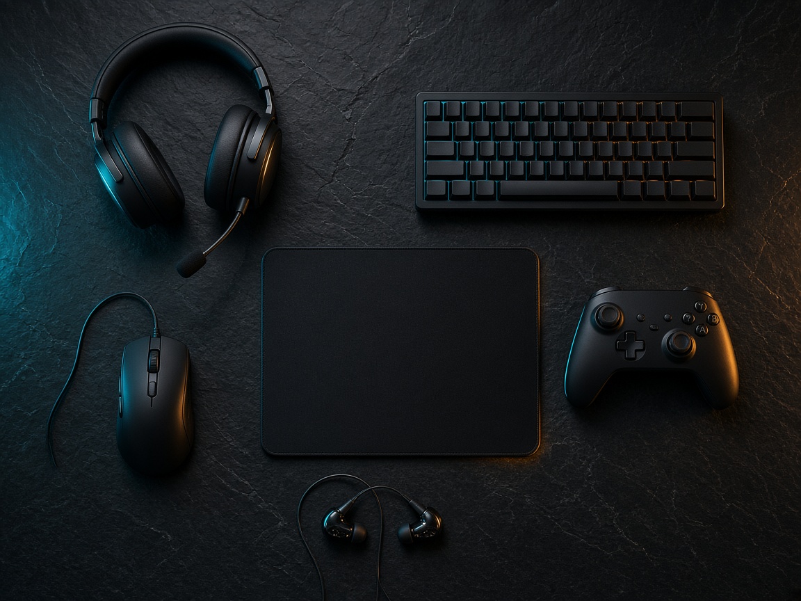 Casque, souris, clavier et manette posés sur une pierre noire