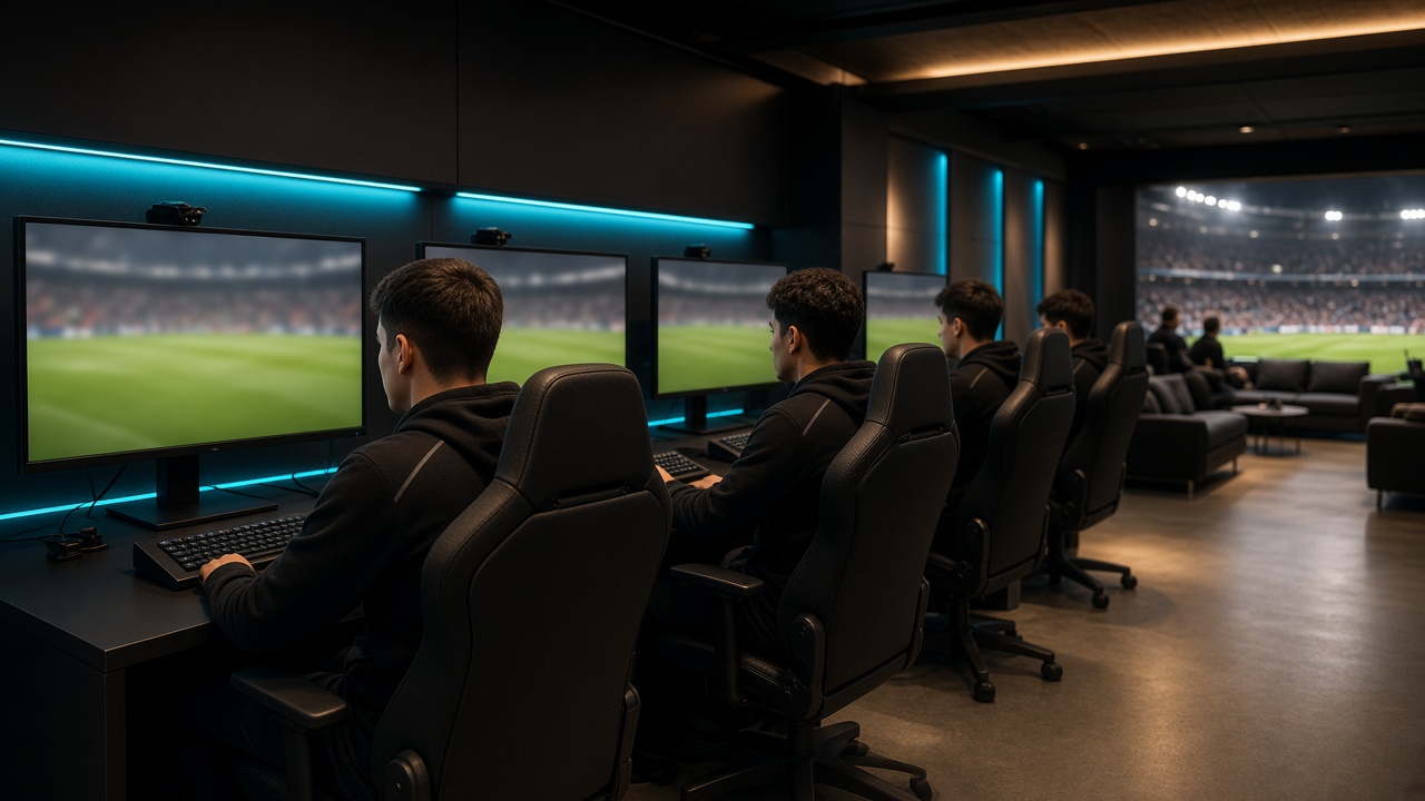 Postes de football simulé dans un salon de stade, écrans verts flous