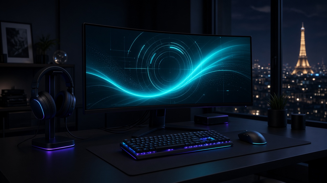 Bureau FPS la nuit, écran large, clavier bas et casque sur pied