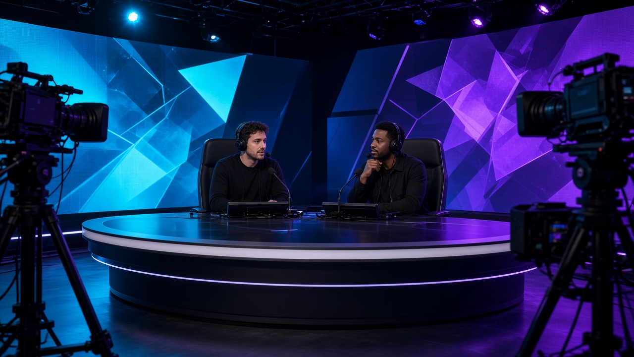Plateau de commentaire esport, deux postes et mur LED abstrait