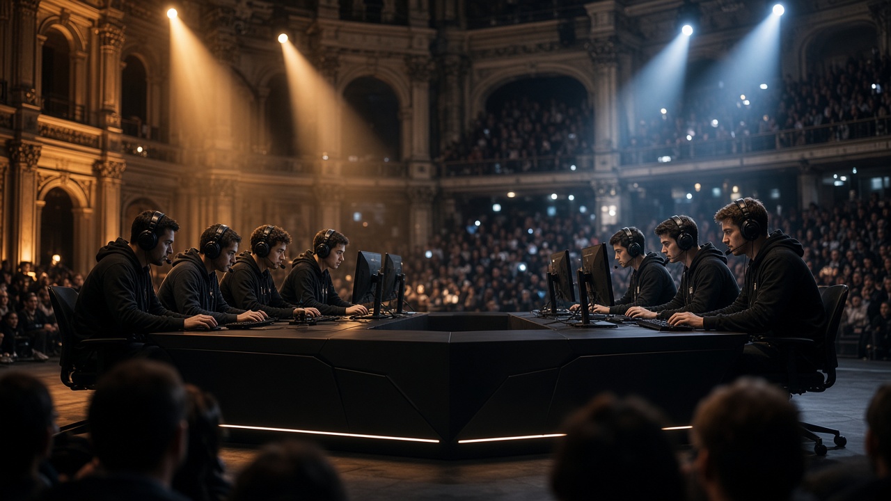 Finale Counter-Strike sur une longue table noire, projecteurs ambre
