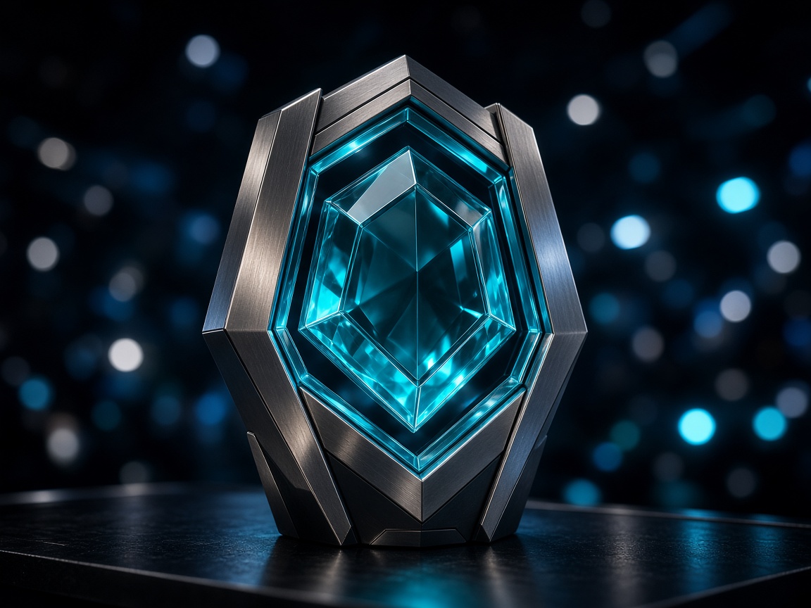 Trophée métallique et verre cyan sur une scène noire